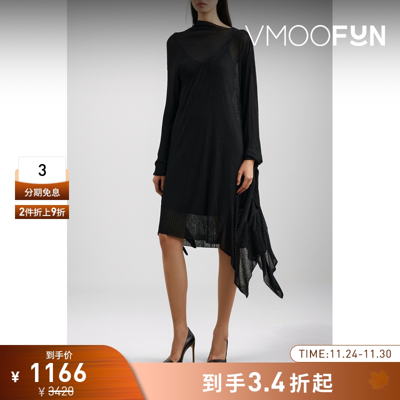 【折扣】Marques' Almeida 秋冬女罗纹针织小黑裙长袖连衣裙