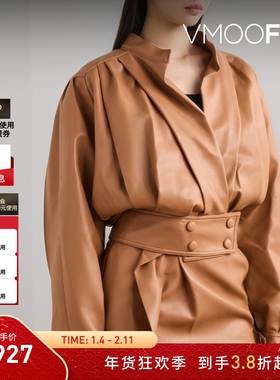 【折扣】RECTO 女秋冬美拉德褶饰皮革夹克