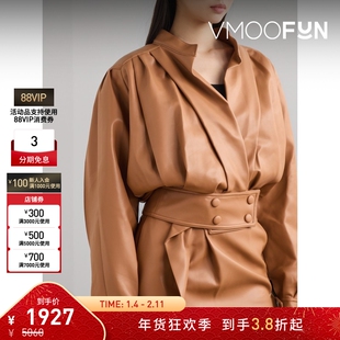 【折扣】RECTO 女秋冬美拉德褶饰皮革夹克