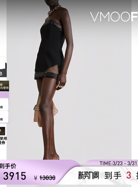 David Koma女皮革缀饰挖剪绉纱小黑裙连衣裙