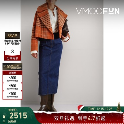 【折扣】STAUD 秋冬女双排扣格纹绵羊毛混纺翻领外套