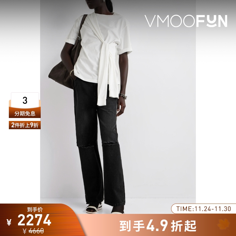 【折扣】TIBI女士仿旧膝盖毛边破洞高腰阔腿牛仔裤