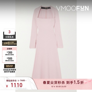 【秒杀】16ARLINGTON 春夏女皮革边饰绉纱连衣裙礼服裙
