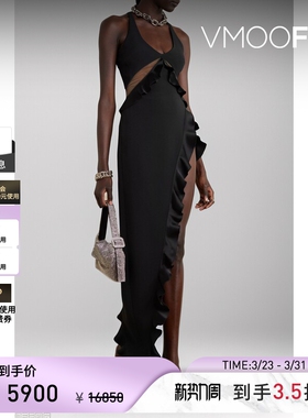 David Koma春夏女挖剪绉纱礼服小黑裙连衣裙