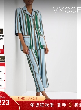 【折扣】Sleeper 女羽毛边饰条纹绉纱睡衣套装