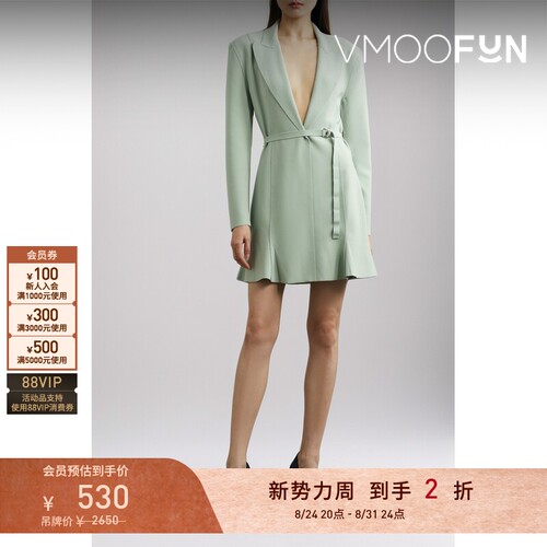 【折扣】Norma Kamali 春夏女配腰带大V领迷你长袖连衣裙