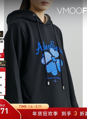 【折扣】Ader Error女秋冬四叶草刺绣棉质黑色连帽卫衣