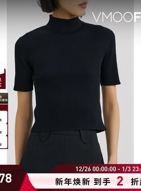 【折扣】CFCL 中领时尚女罗纹弹力针织短袖上衣