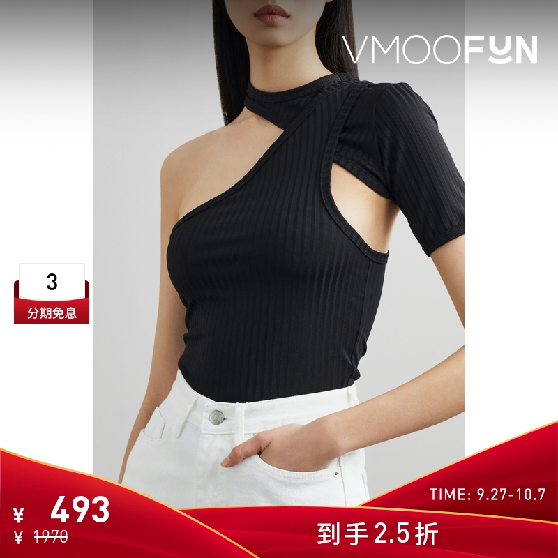 【折扣】RtA 女分层式挖剪单肩针织黑色上衣