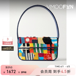 STAUD女士珠饰人造皮革边饰缎布单肩包 礼物