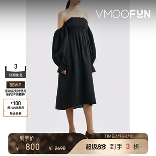 Sleeper 春夏女露肩亚麻中长连衣裙小黑裙 秒杀