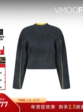 【折扣】YCH秋冬女拉绒挖剪羊毛混纺露腰设计短款针织衫
