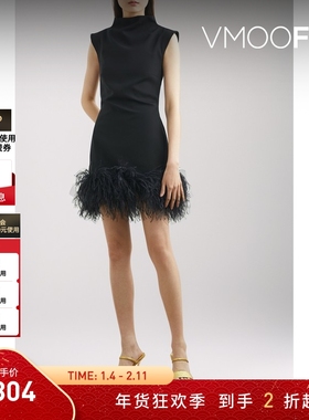 【折扣】16ARLINGTON 女羽毛边饰绉纱连衣裙小黑裙