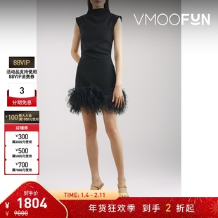 【折扣】16ARLINGTON 女羽毛边饰绉纱连衣裙小黑裙