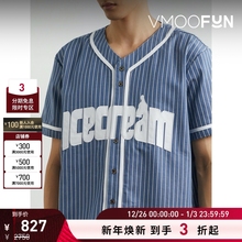 【折扣】ICECREAM早春男宽松印花条纹棉质混纺短袖衬衫