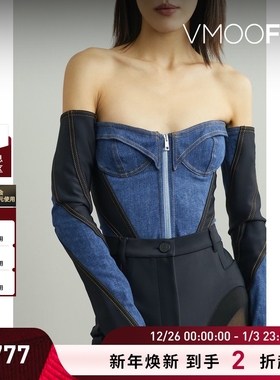 【折扣】MUGLER/穆格勒 女士露肩牛仔布拼接弹力平纹布连体衣
