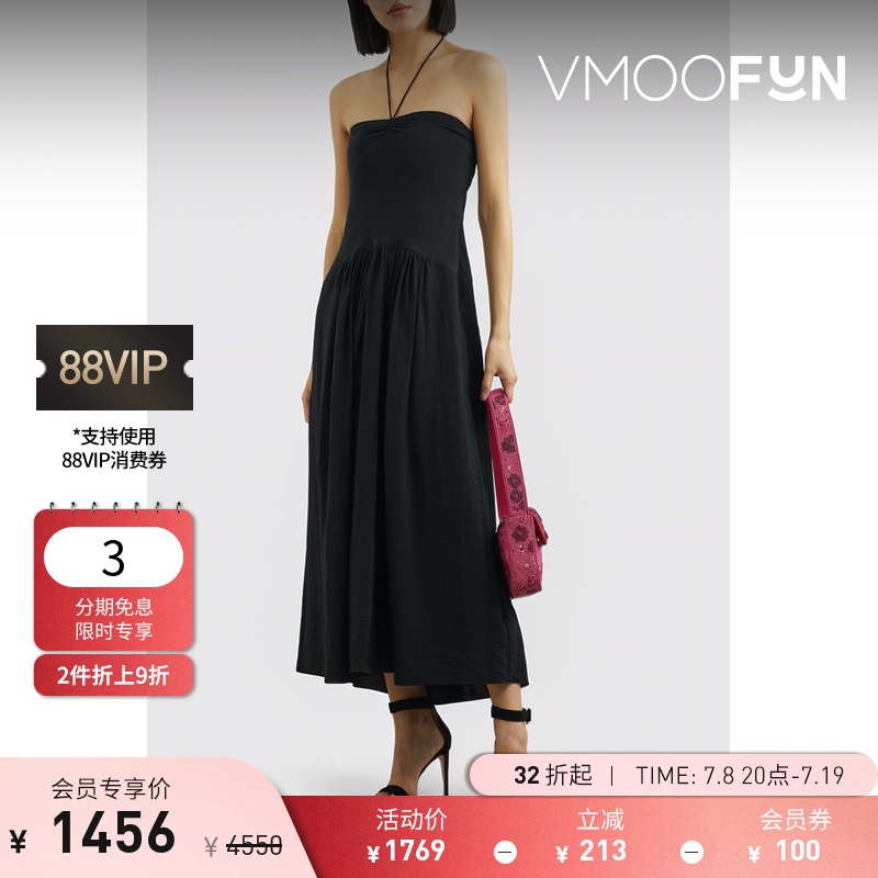 【折扣】VINCE 女挂脖褶饰混纺超长连衣裙小黑裙