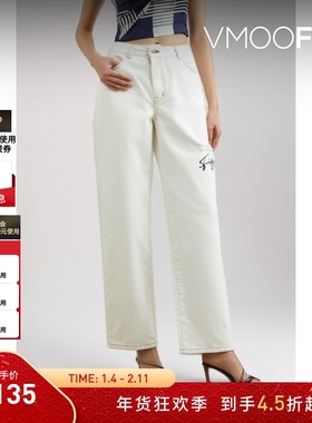 【折扣】YCH女士刺绣仿旧高腰直筒牛仔裤