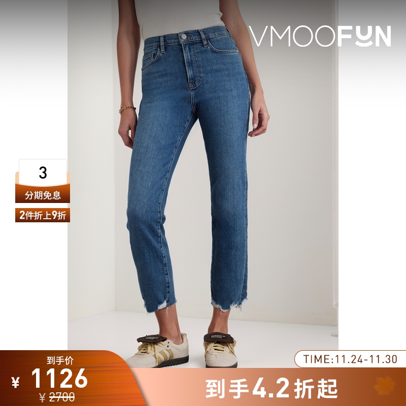 【折扣】FRAME 夏女简约毛边高腰直筒九分牛仔裤