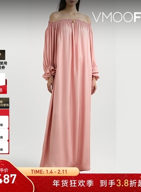 【折扣】SLEEPER女士露肩褶饰缎面斜纹布超长连衣裙