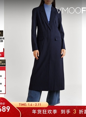 【折扣】STAUD 女秋冬条纹绵混纺宽松长款大衣外套