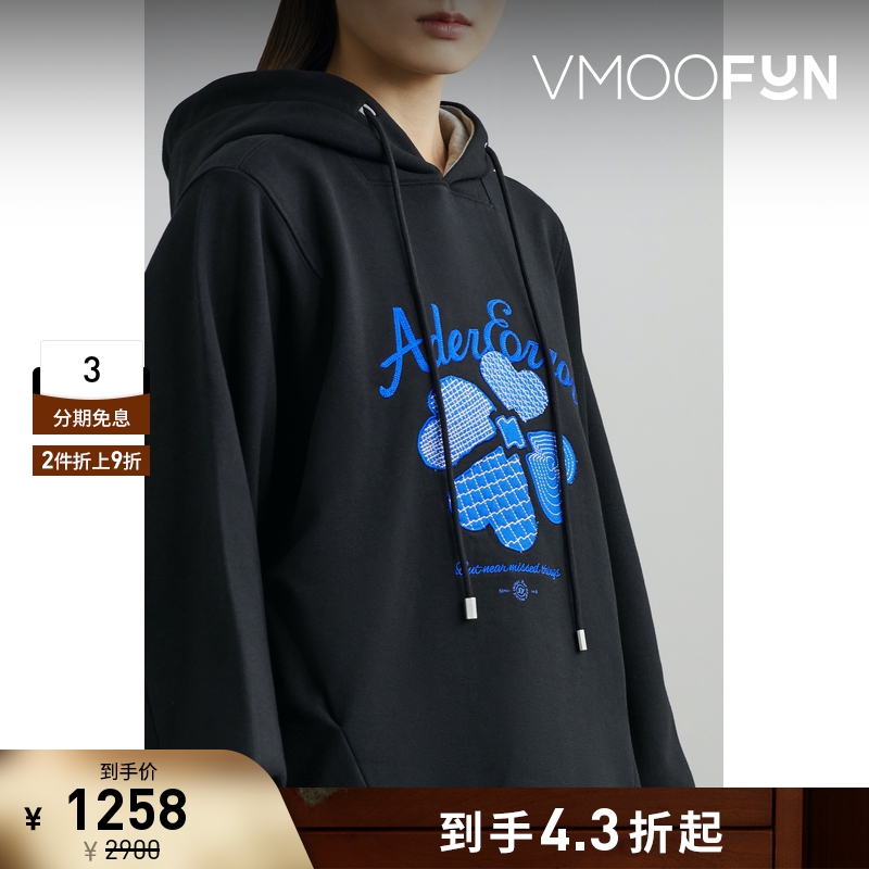 【折扣】Ader Error女四叶草刺绣棉质黑色连帽卫衣