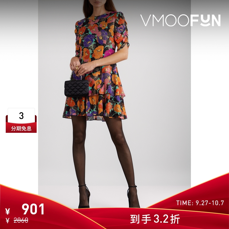 【折扣】Rixo  女亮片金葱印花乔其纱V领裙连衣裙