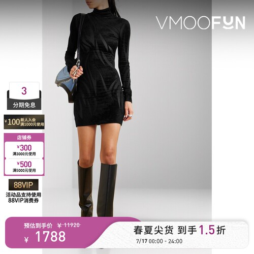 【秒杀】Mugler 春夏女雪尼尔高领迷你小黑裙连衣裙