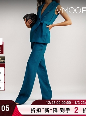 【折扣】Akris女士配腰带亚麻羊毛混纺绉纱马甲