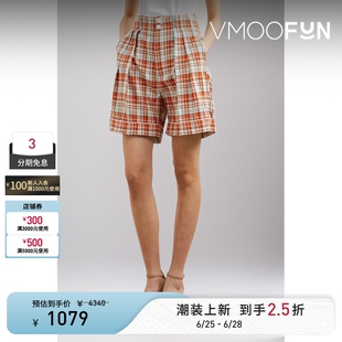 PLAN C 春夏女撞色格纹直筒休闲裤短裤