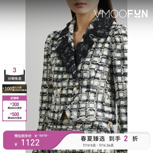 【反季特惠】LoveShackFancy 秋冬女双排扣蕾丝边饰花呢外套