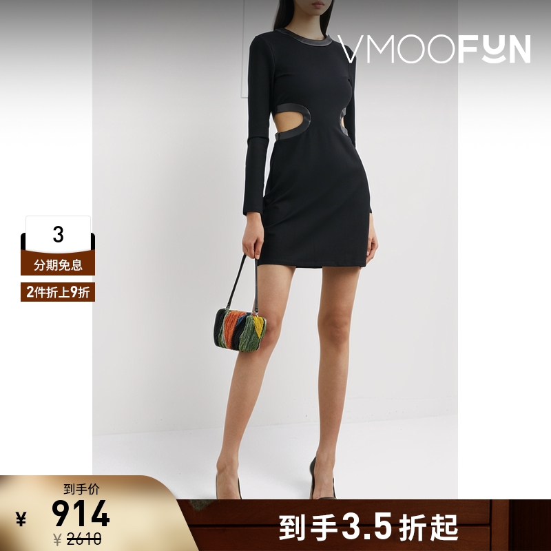 【折扣】STAUD 女挖剪弹力迷你小黑裙长袖连衣裙