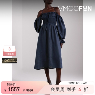 SLEEPER春夏女士挖肩平行绉缝亚麻中长连衣裙