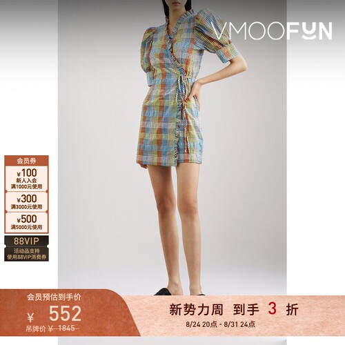 【折扣】GANNI春夏女士彩色格纹泡泡纱迷你裹身连衣裙