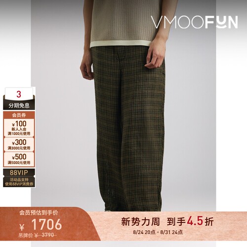 【折扣】Beams Plus 夏季男阔腿格纹亚麻长裤休闲裤
