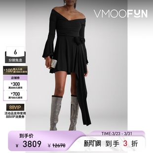 Magda Butrym女露肩带缀饰绉纱连衣裙小黑裙