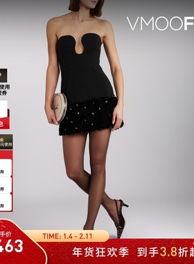 【折扣】Rebecca Vallance  女抹胸带缀饰绉纱小黑裙连衣裙