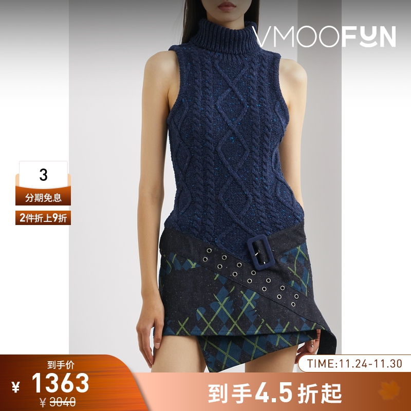 【折扣】Andersson Bell 挖剪绞花针织拼接牛仔迷你连衣裙