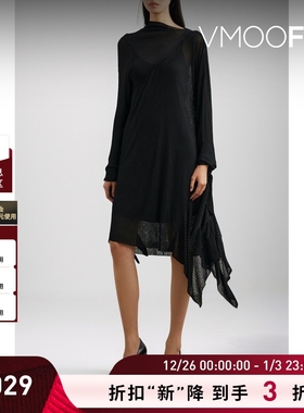 【折扣】Marques' Almeida 秋冬女罗纹针织小黑裙长袖连衣裙