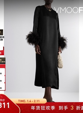 【折扣】Sleeper 女士羽毛缀饰兰精环生纤缎布超长连衣裙