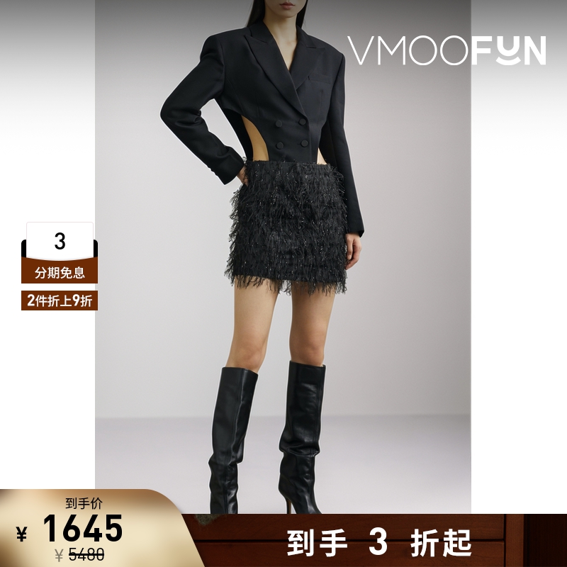 【折扣再降】YCH 秋冬女羊毛真丝拼接提花面料小黑裙长袖连衣裙