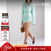 折扣 David Koma女士夏凉感薄荷绿褶饰缎面迷你衬衫 式 连衣裙