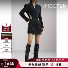 【折扣】YCH 秋冬女羊毛真丝拼接提花面料小黑裙长袖连衣裙