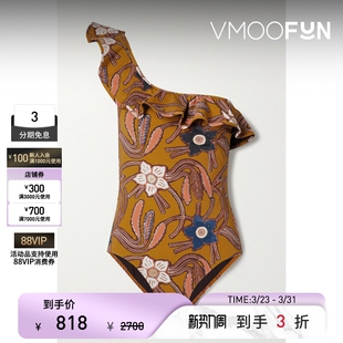 Ulla 春夏女单肩荷叶边花卉印花连体泳衣 Johnson