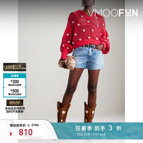 FARM RIO 女春夏红色贴花钩编Polo针织衫毛衣