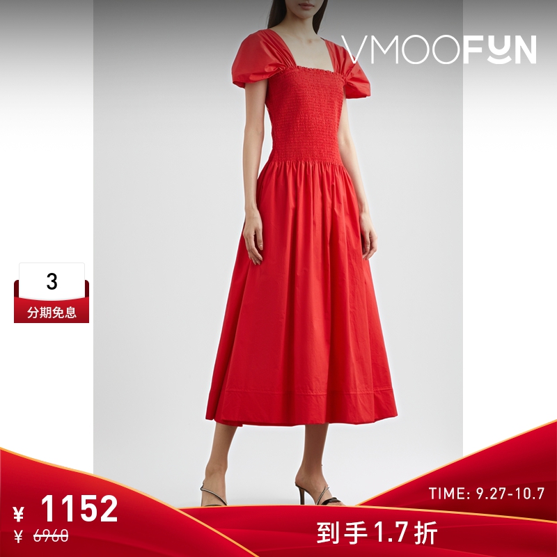 【折扣】Molly Goddard 女红色泡泡袖中长连衣裙