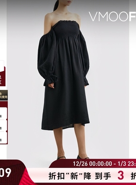 【折扣】Sleeper 女露肩亚麻中长连衣裙小黑裙