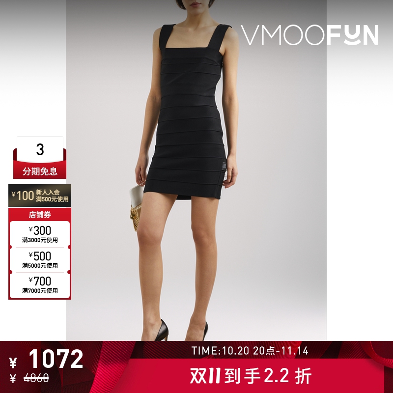 【折扣】Herve Leger女挖剪弹力针织连衣裙小黑裙