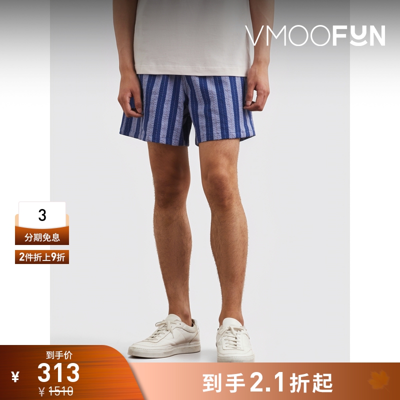 【折扣】Howlin 男直筒条纹棉质混纺泡泡纱短裤休闲裤