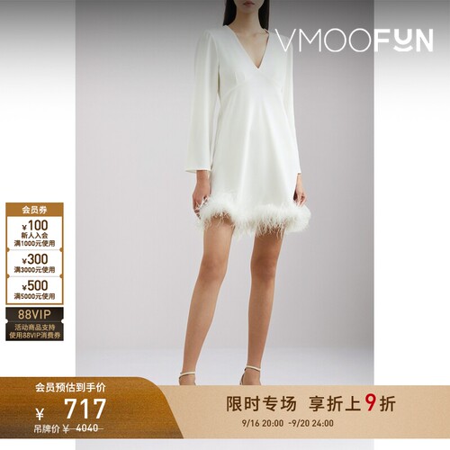 【限时折上9折】Rixo 早春女羽毛边饰绉纱迷你小黑裙连衣裙小白裙